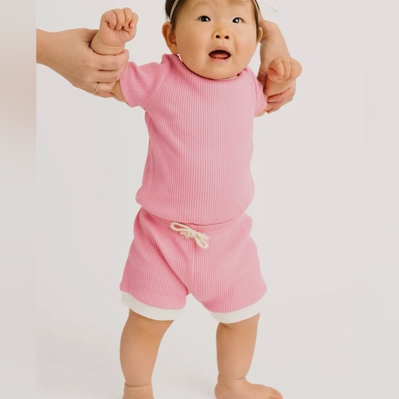 NEW Pink Ribbed Varsity Short Two Piece Matching Set - Picture 2 of 2